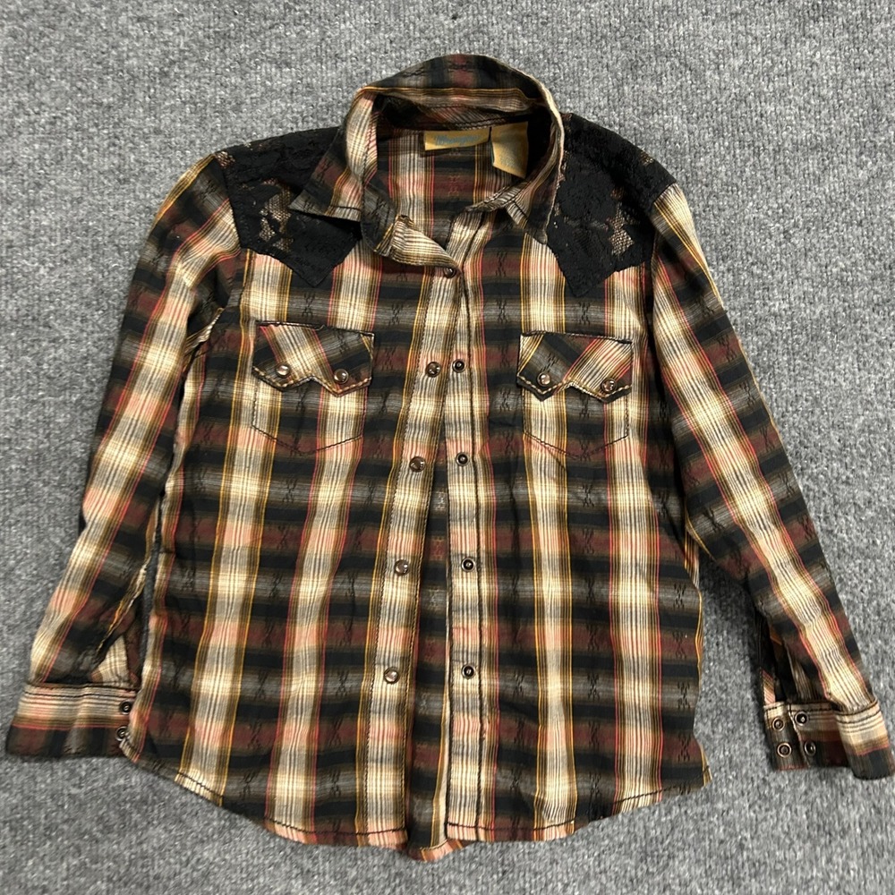 Wrangler Western Shirt Womens Size S Brown Plaid Lace Yoke Long Sleeve Snap Up
